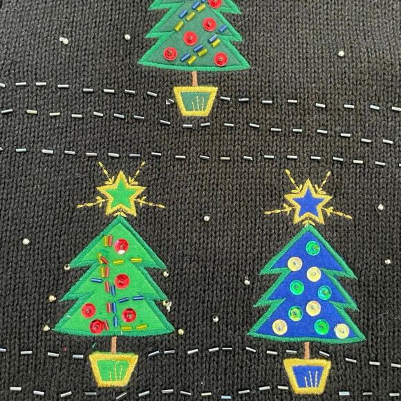 Basic Editions Christmas Cardigan Sweater Black Festive Tree Embroidered XL - Picture 4 of 9
